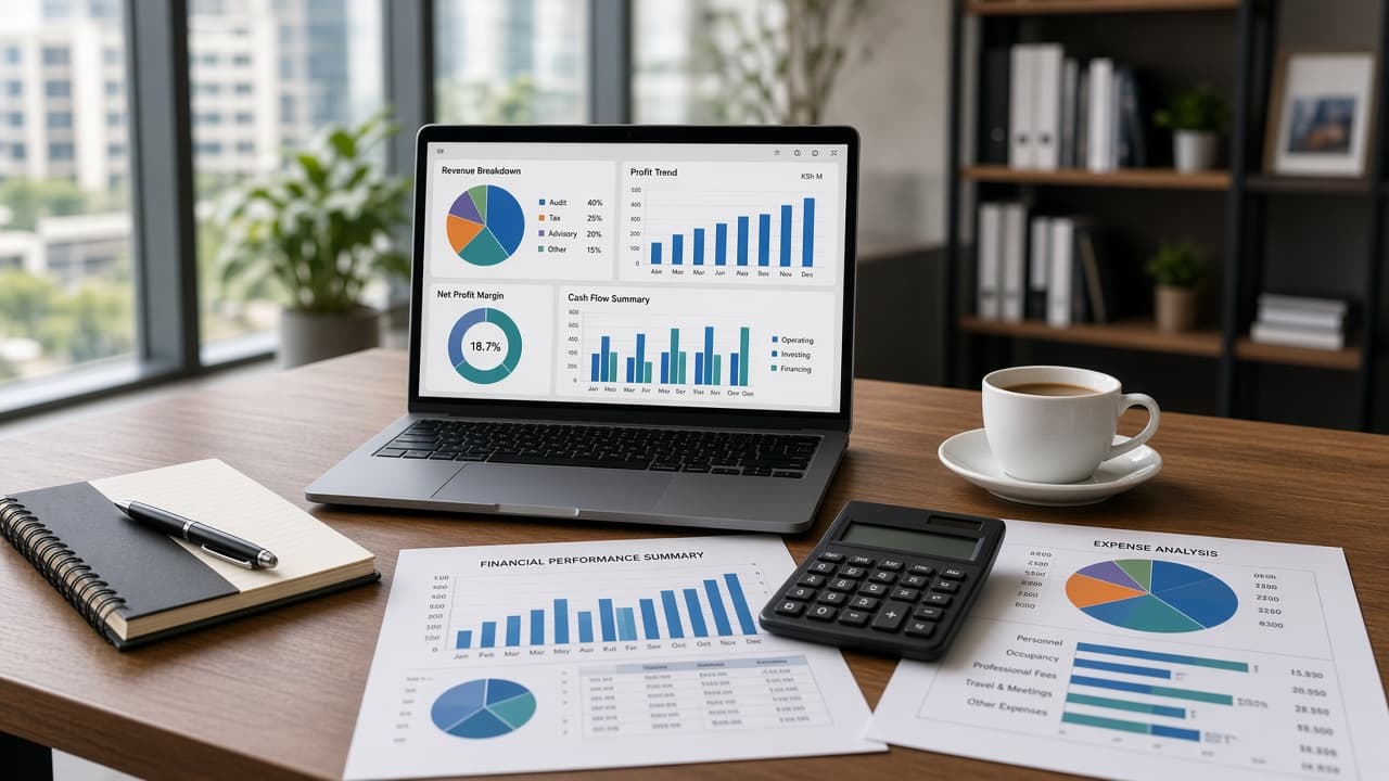 Accounting workspace with financial reports